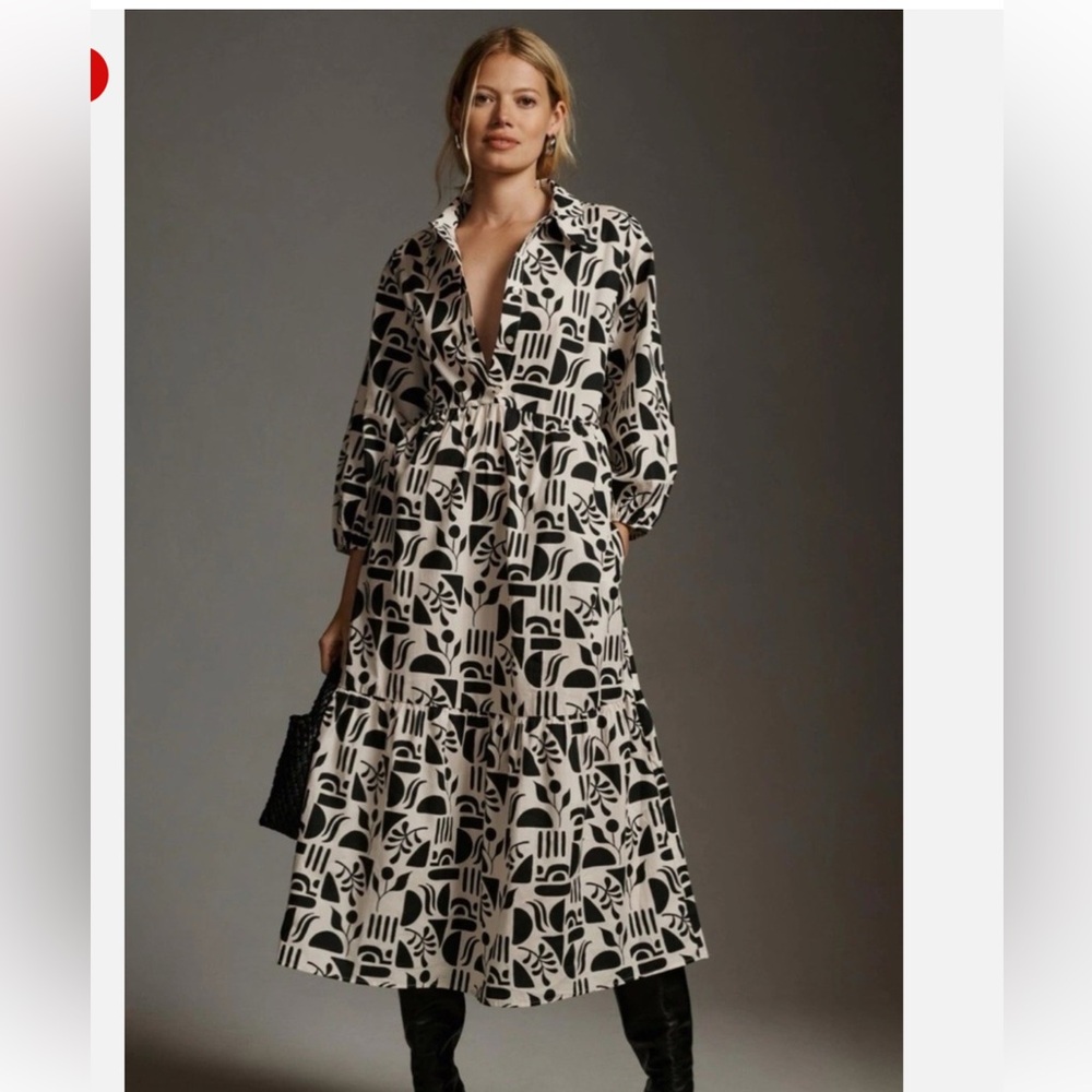 Maeve by Anthropologie the Bettina tiered shirt dress in black motif